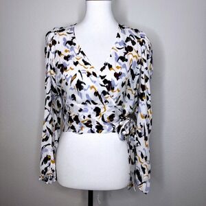 A.L.C. Silk Tessa Wrap Blouse Top Sz 4 Bishop Sleeve Side Tie Quiet Luxury‎